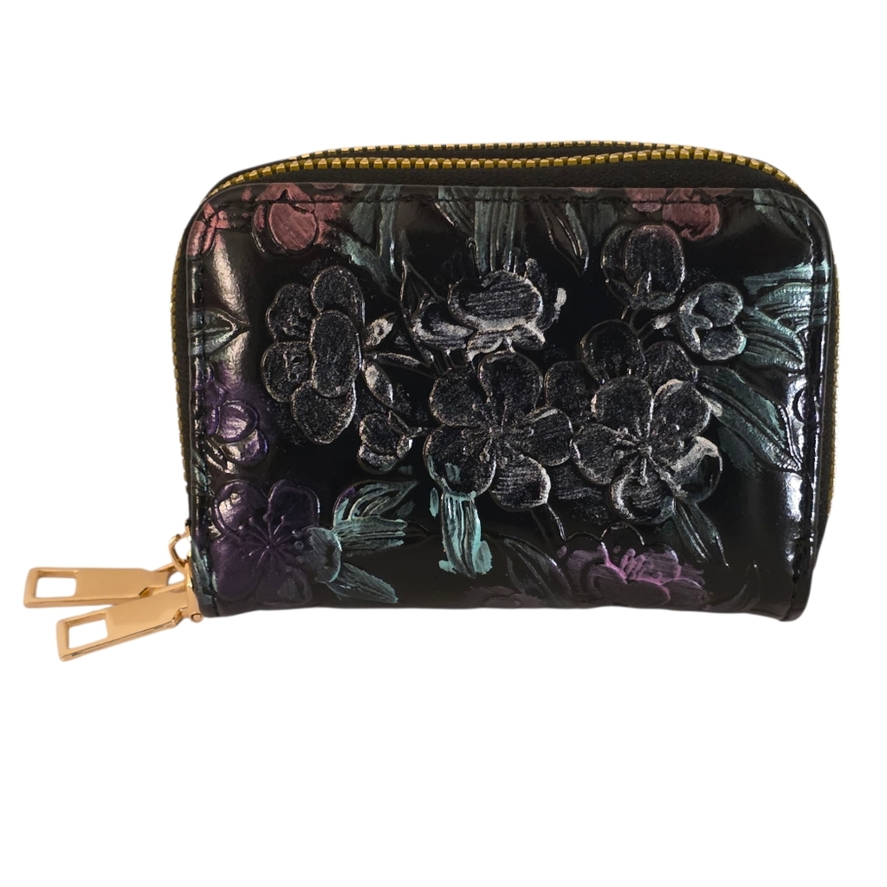 Small Black Wallet Faux Leather Accordion Card Case Metallic Floral Double Zip - Picture 2 of 6